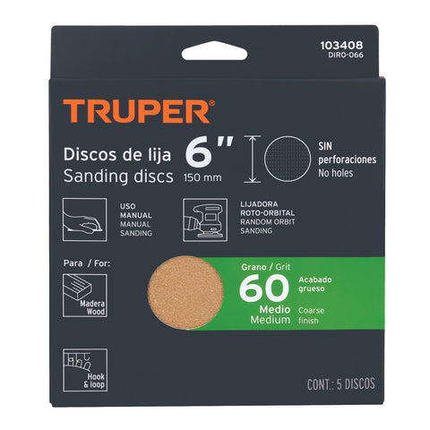 Paquete c/5 discos de lija 6' grano 60, ciegos | DIRO-066 | 103408