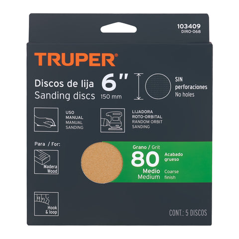 Paquete c/5 discos de lija 6' grano 80, ciegos | DIRO-068 | 103409