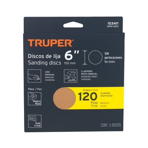 Paquete c/5 discos de lija 6' grano 120, ciegos | DIRO-0612 | 103411