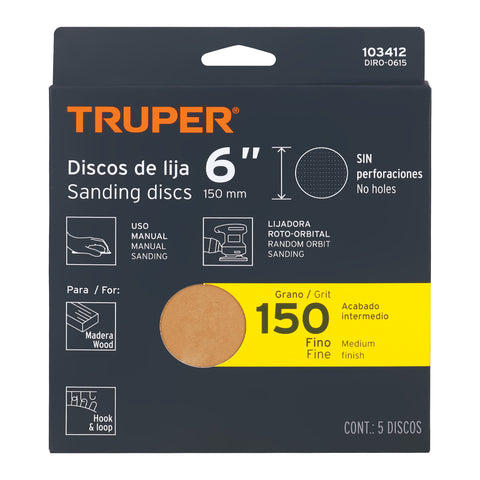 Paquete c/5 discos de lija 6' grano 150, ciegos | DIRO-0615 | 103412