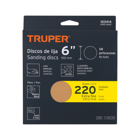 Paquete c/5 discos de lija 6' grano 220, ciegos | DIRO-0622 | 103414