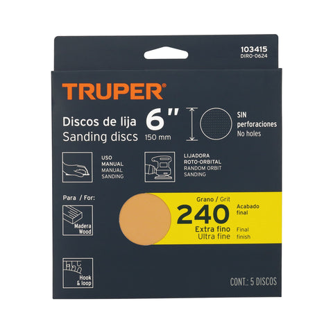 Paquete c/5 discos de lija 6' grano 240, ciegos | DIRO-0624 | 103415