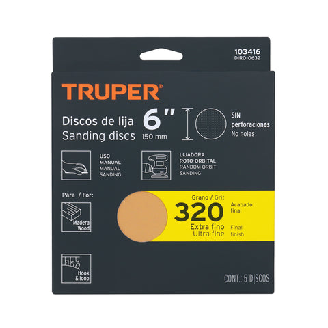 Paquete c/5 discos de lija 6' grano 320, ciegos | DIRO-0632 | 103416