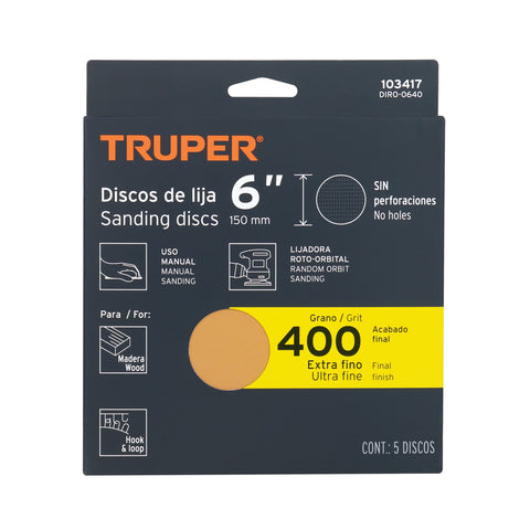 Paquete c/5 discos de lija 6' grano 400, ciegos | DIRO-0640 | 103417
