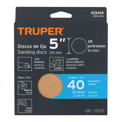 Paquete con 5 discos de lija 5' grano 40, ciegos, TRUPER | DIRO-054 | 103419