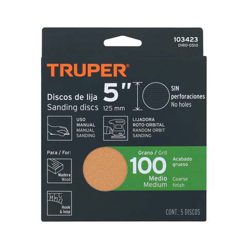 Paquete con 5 discos de lija 5' grano 100, ciegos, TRUPER | DIRO-0510 | 103423