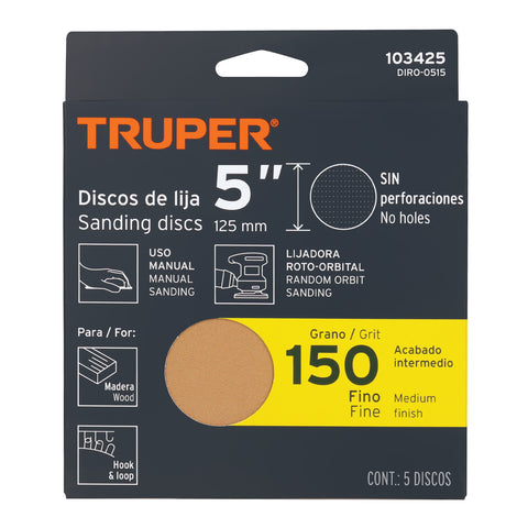 Paquete con 5 discos de lija 5' grano 150, ciegos, TRUPER | DIRO-0515 | 103425