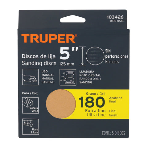 Paquete con 5 discos de lija 5' grano 180, ciegos, TRUPER | DIRO-0518 | 103426