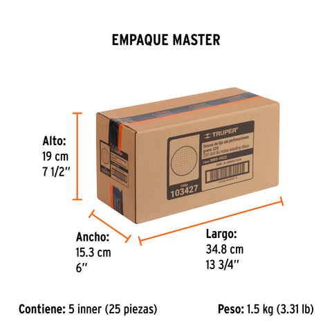 Paquete con 5 discos de lija 5' grano 220, ciegos, TRUPER | DIRO-0522 | 103427