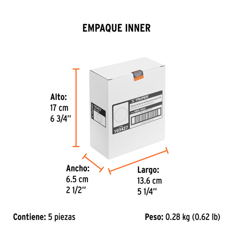 Paquete con 5 discos de lija 5' grano 220, ciegos, TRUPER | DIRO-0522 | 103427