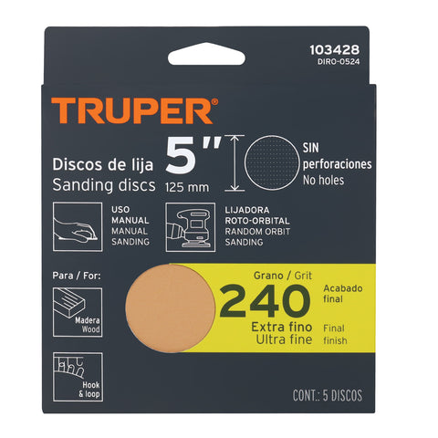 Paquete con 5 discos de lija 5' grano 240, ciegos, TRUPER | DIRO-0524 | 103428