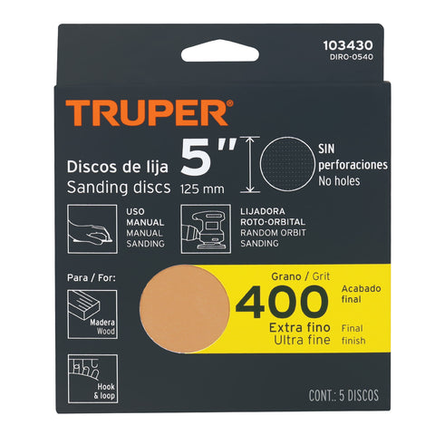 Paquete con 5 discos de lija 5' grano 400, ciegos, TRUPER | DIRO-0540 | 103430