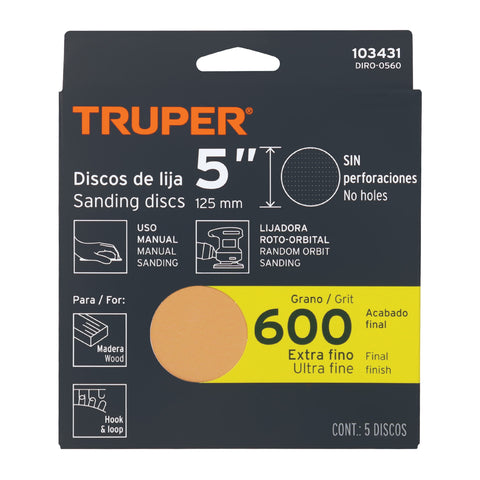 Paquete con 5 discos de lija 5' grano 600, ciegos, TRUPER | DIRO-0560 | 103431