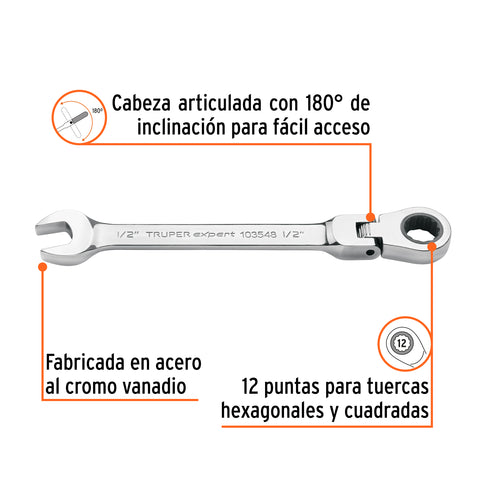 Llave combinada con matraca 1/2' flexible, Expert | LL-2016XF | 103548