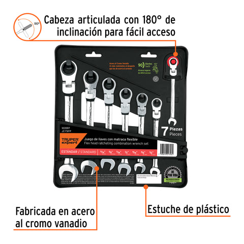 Juego de 7 llaves combinadas std con matraca flexible | JC-7XFP | 103597