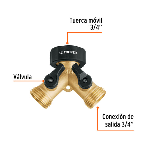 Conector 'Y' 3/4' latón sólido con tuerca móvil p/manguera | AD-2X | 10375