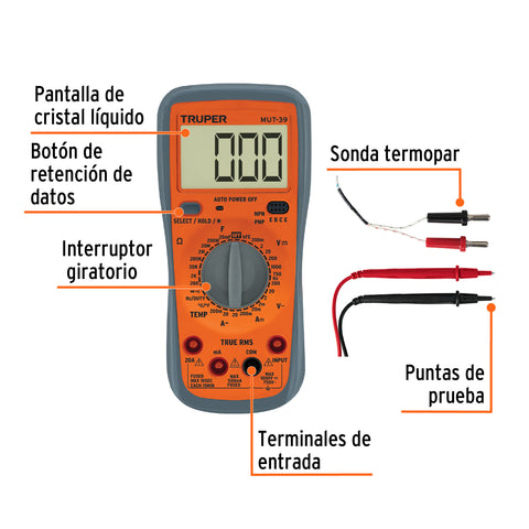 Multímetro digital profesional con RMS verdadero, Truper | MUT-39 | 10402