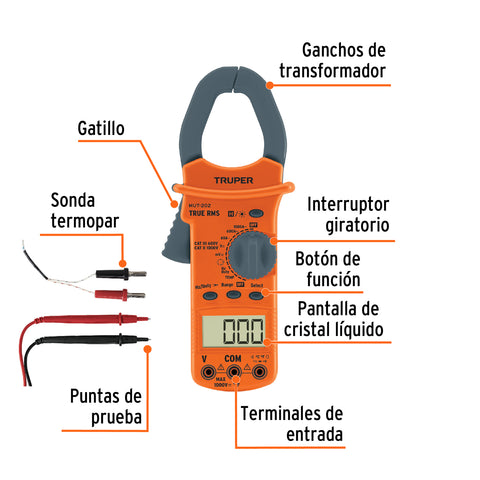 Multímetro para mantenimiento industrial con gancho, Truper | MUT-202 | 10404