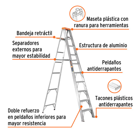 Escalera de tijera tipo II 9 peldaños y bandeja, Truper | EST-29 | 10436