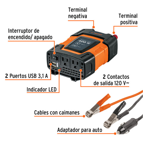 Inversor de corriente de 400 W con puertos USB, Truper | INCO-400 | 10449
