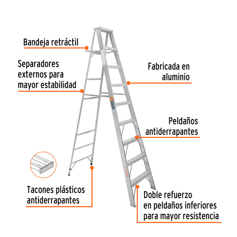Escalera de tijera 100% aluminio tipo ll 8 peldaños, Truper | ESTA-28 | 10469