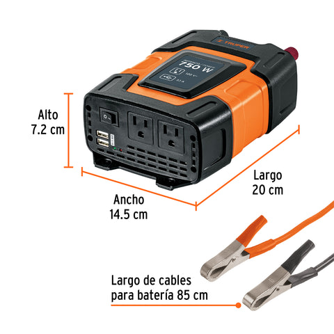 Inversor de corriente de 750 W con puertos USB, Truper | INCO-750 | 10490
