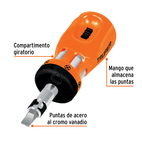 Desarmador tipo trompo con matraca, 6 puntas dobles, blíster | DTROM-12B | 10494