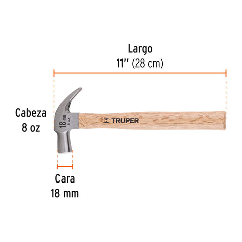 Martillo cabeza cónica 18 mm uña curva, mango madera, TRUPER | MAC-18 | 10554