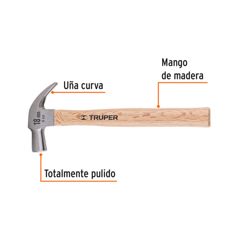 Martillo cabeza cónica 18 mm uña curva, mango madera, TRUPER | MAC-18 | 10554