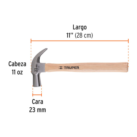 Martillo cabeza cónica 23 mm uña curva, mango madera, TRUPER | MAC-23 | 10557
