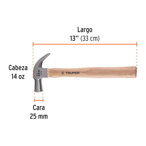 Martillo cabeza cónica 25 mm uña curva, mango madera, TRUPER | MAC-25 | 10558