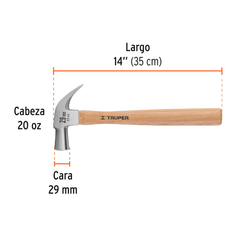 Martillo cabeza cónica 29 mm uña curva, mango madera, TRUPER | MAC-29 | 10561