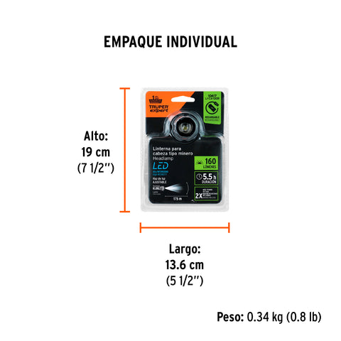 Linterna de minero LED 160 lm, recargable, TRUPER EXPERT | LI-CA-130R | 10617