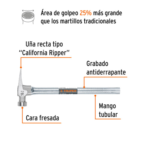 Martillo tubular 16 oz uña California Ripper, cara fresada | MORCA-16T | 10643