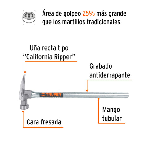 Martillo tubular 20 oz uña California Ripper, cara fresada | MORCA-20T | 10644