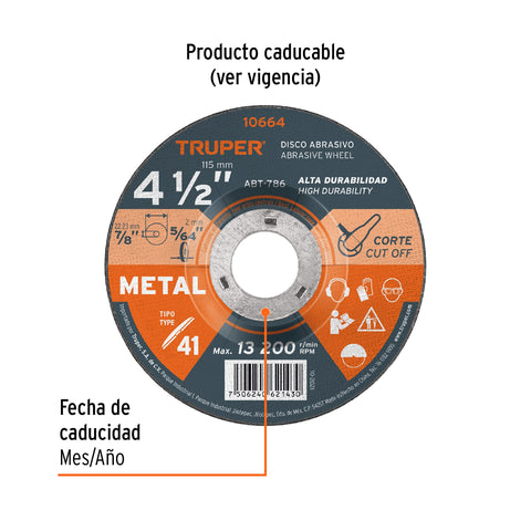 Disco de 4-1/2' para corte de metal, tipo 41, Truper | ABT-786 | 10664