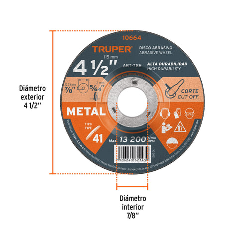 Disco de 4-1/2' para corte de metal, tipo 41, Truper | ABT-786 | 10664