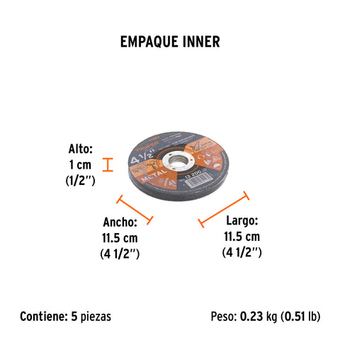 Disco de 4-1/2' para corte de metal, tipo 41, Truper | ABT-786 | 10664
