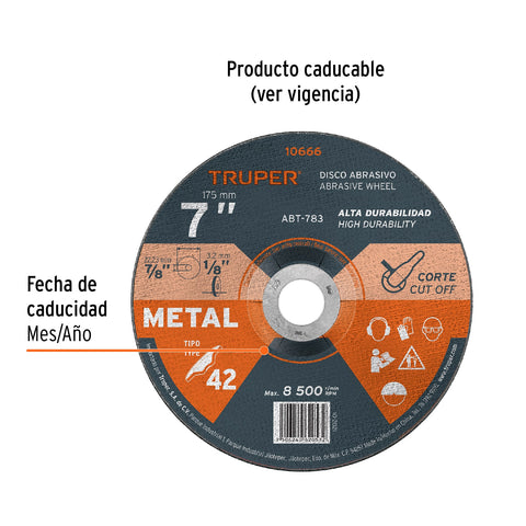 Disco Tipo 42 de 7' x 3.2 mm para corte de metal, Truper | ABT-783 | 10666