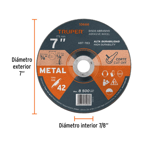 Disco Tipo 42 de 7' x 3.2 mm para corte de metal, Truper | ABT-783 | 10666