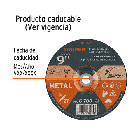 Disco Tipo 27 de 9' x 6.4 mm para desbaste de metal, Truper | ABT-779 | 10667