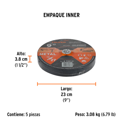 Disco Tipo 27 de 9' x 6.4 mm para desbaste de metal, Truper | ABT-779 | 10667