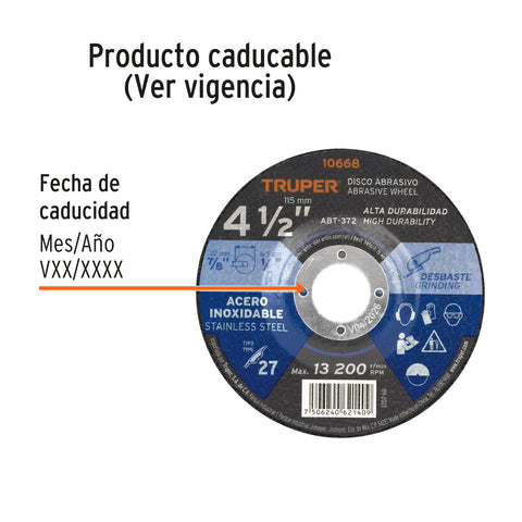 Disco Tipo 27 de 4-1/2' x 6.5 mm desbaste acero inoxidable | ABT-372 | 10668