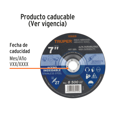 Disco Tipo 27 de 7' x 7.2 mm desbaste de acero inoxidable | ABT-389 | 10669