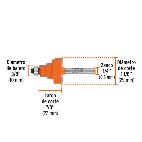 Broca para router, escalonada, 1-1/8', con balero, Truper | BROU-E1-1/8X | 10673