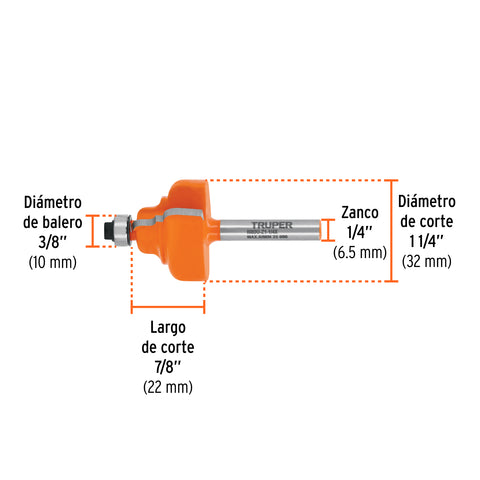 Broca para router, zafiro, 1-1/4', con balero, Truper | BROU-Z1-1/4X | 10675