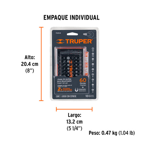 Juego de 61 puntas mixtas largo 1' en estuche plástico | PUN-61 | 10758