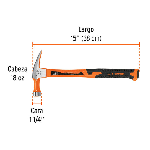 Martillo 18 oz uña recta, mango fibra de vidrio, Truper | MAR-18F | 10761