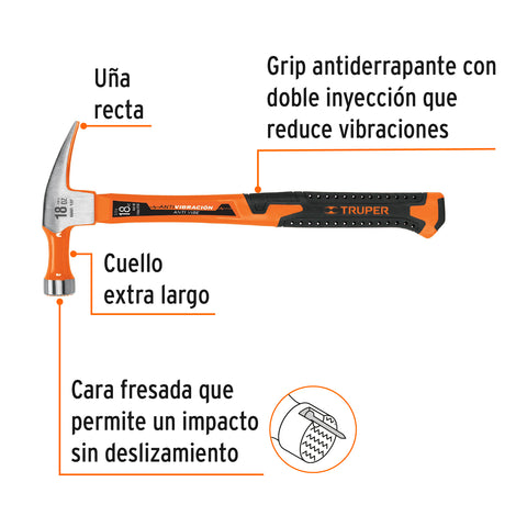 Martillo 18 oz uña recta, mango fibra de vidrio, Truper | MAR-18F | 10761