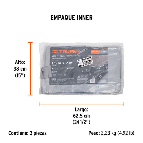 Lona de polietileno reforzada 1.5x2 m, gris, 180g/m2, TRUPER | LT-152 | 10770